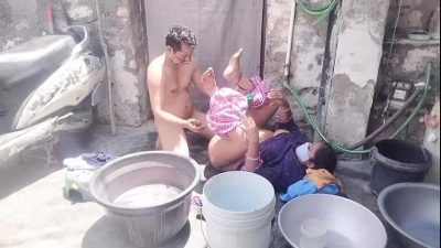 Fucked while washing clothes in the bathroom