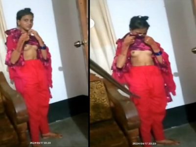 Slim girl undressing and viral small boobs show