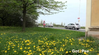 Blonde babe relieves herself in public piss video