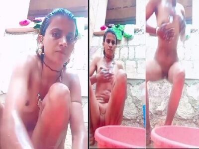 Slim village bhabhi bathing outdoor video making