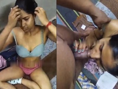 Cute girlfriend in bra giving blowjob to boyfriend