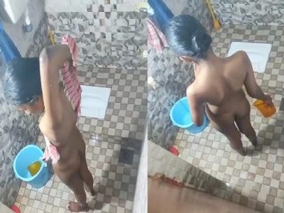 Young maid nude bath and drying her body with towel