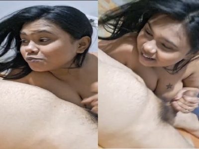 GF with smiling face gives blowjob to boyfriend