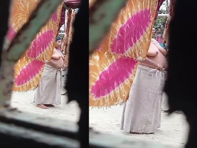 Mature neighbor MILF mom outdoor bath and wearing dress