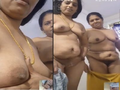 Two mature MILF standing naked on a video call