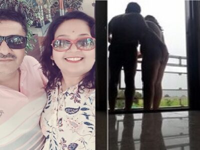 Indian wife in balcony in nude gives handjob to husband